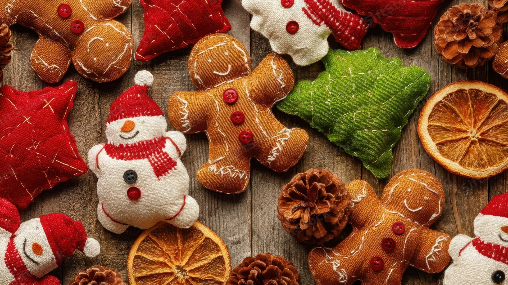 Handmade fabric christmas ornaments and dried oranges arranged on a wooden surface