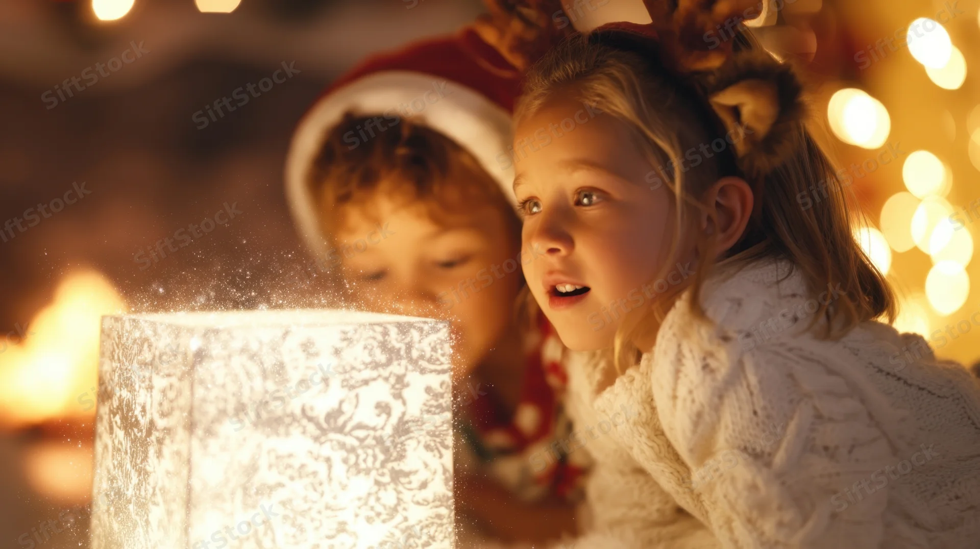 Two children in holiday attire looking at a glowing wrapped gift with sparkles and warm lights in the background