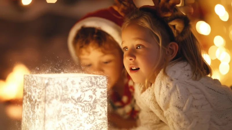 Two children in holiday attire looking at a glowing wrapped gift with sparkles and warm lights in the background