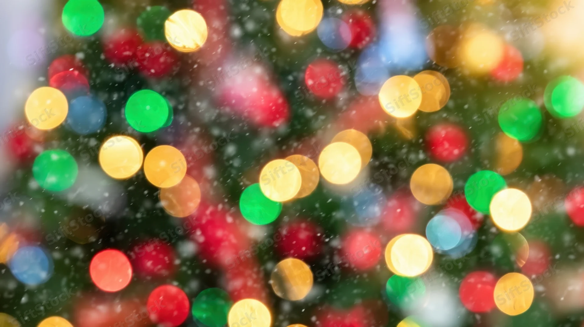Blurred colorful lights on a christmas tree with falling snow