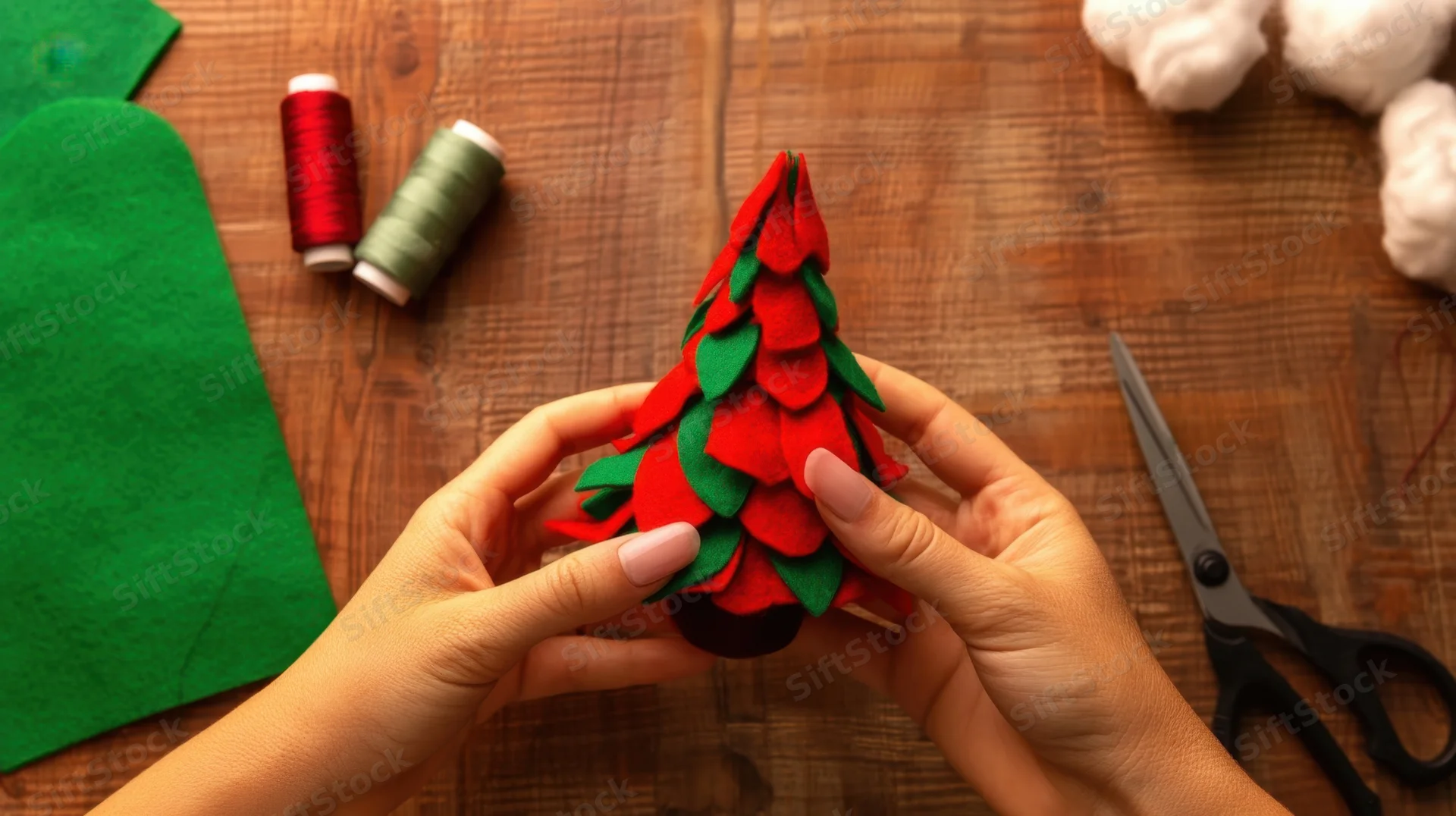 Hands holding a red and green felt christmas tree decoration on a wooden table with craft supplies around
