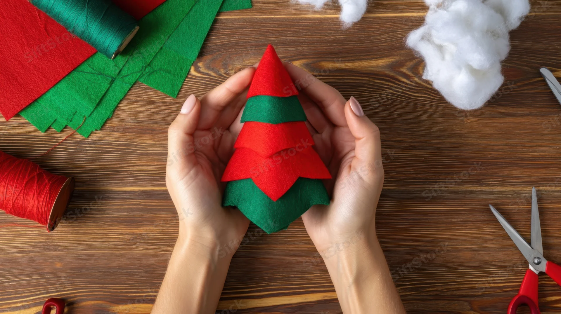Hands holding a red and green felt christmas tree craft on a wooden table surrounded by sewing supplies