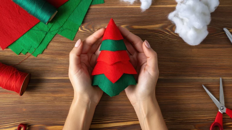 Hands holding a red and green felt christmas tree craft on a wooden table surrounded by sewing supplies