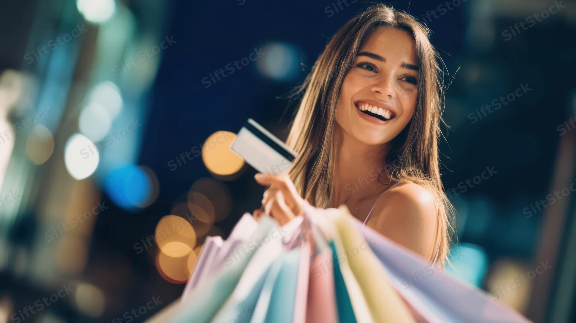 Smiling woman holding shopping bags and credit card at night in city
