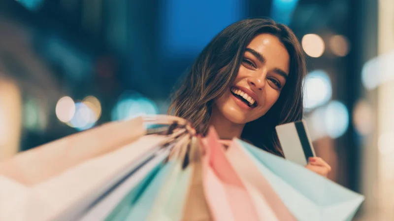 Smiling woman holding shopping bags and credit card in city at night