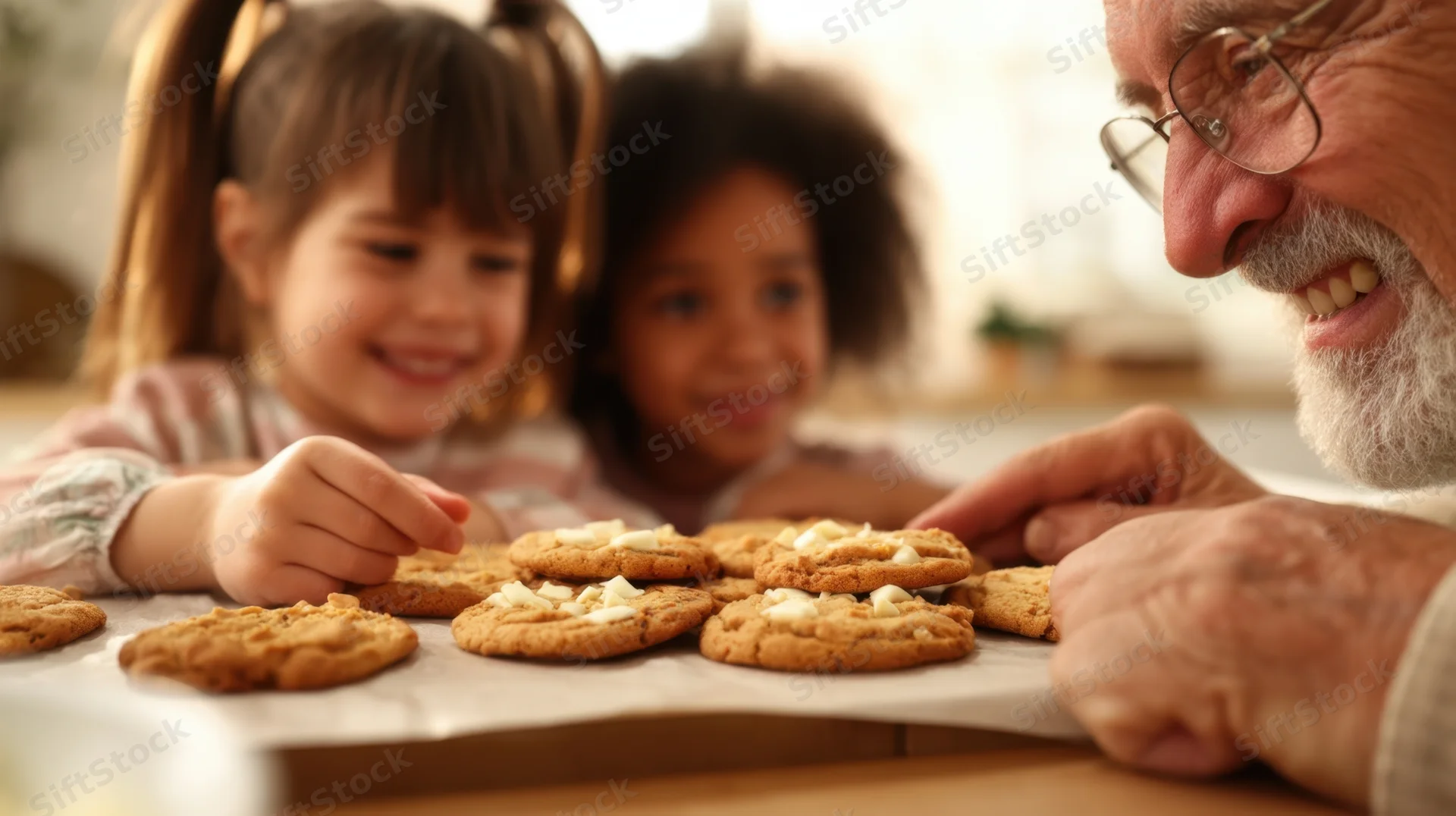 Grandfather and two children baking cookies together in a kitchen