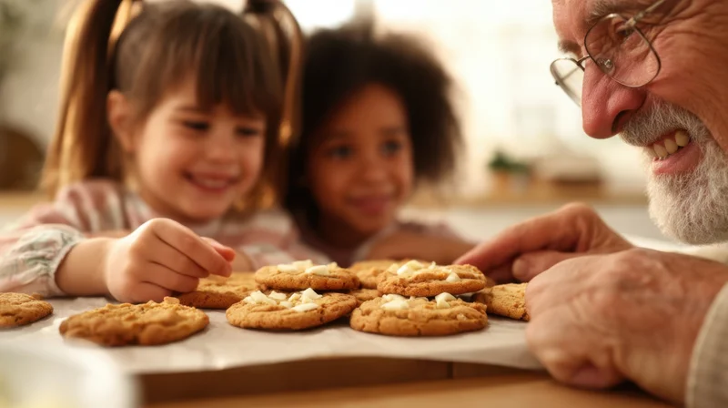 Grandfather and two children baking cookies together in a kitchen