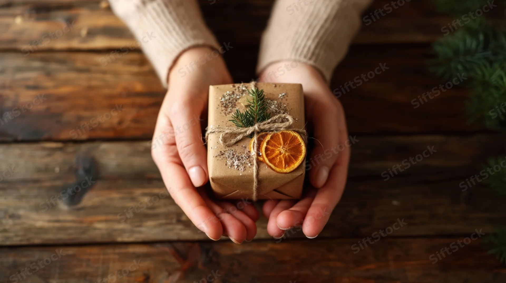 Woman holding a small wrapped gift with dried orange slice and pine sprig on wooden table