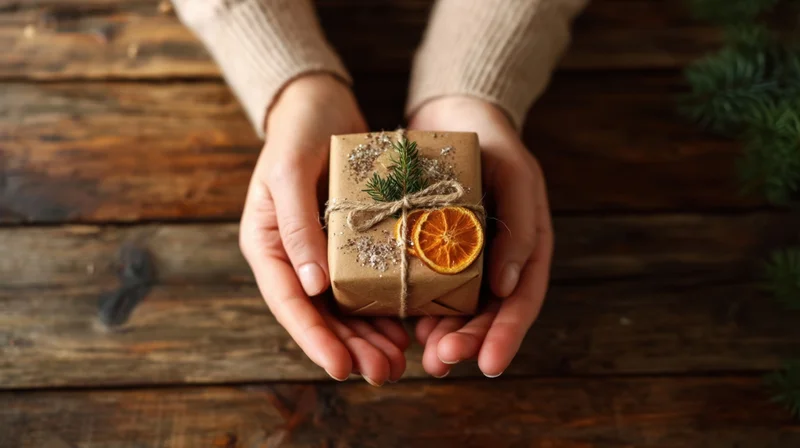 Woman holding a small wrapped gift with dried orange slice and pine sprig on wooden table