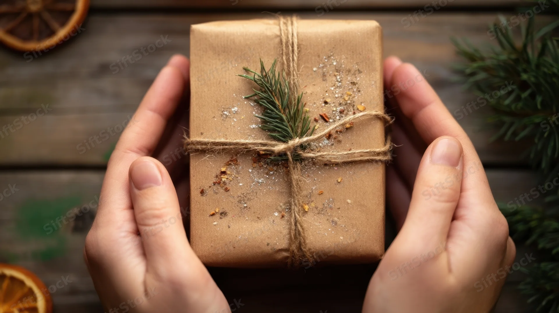 Hands holding a brown paper-wrapped gift tied with twine and pine sprig on wooden surface