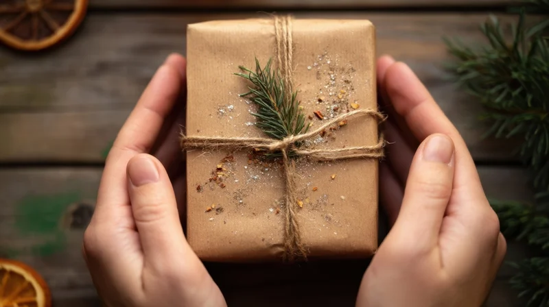 Hands holding a brown paper-wrapped gift tied with twine and pine sprig on wooden surface