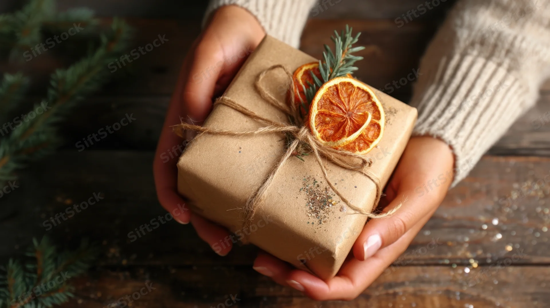 Woman holding a wrapped gift decorated with dried orange slices and evergreen sprigs on a wooden surface