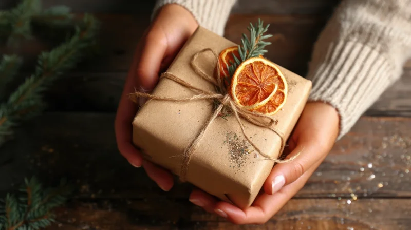 Woman holding a wrapped gift decorated with dried orange slices and evergreen sprigs on a wooden surface
