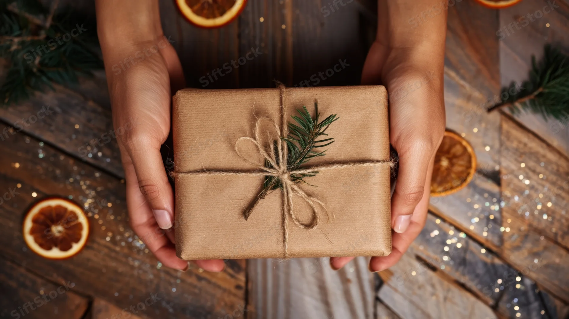 Woman holding a wrapped gift with twine and pine sprig on wooden surface surrounded by dried oranges and glitter