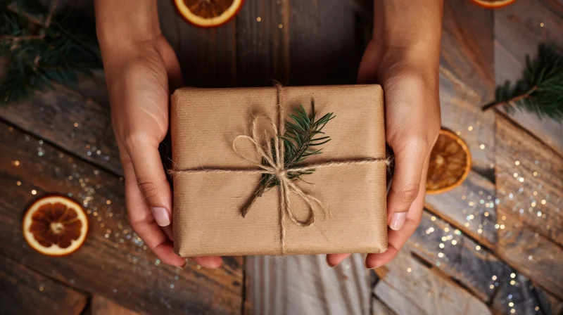 Woman holding a wrapped gift with twine and pine sprig on wooden surface surrounded by dried oranges and glitter