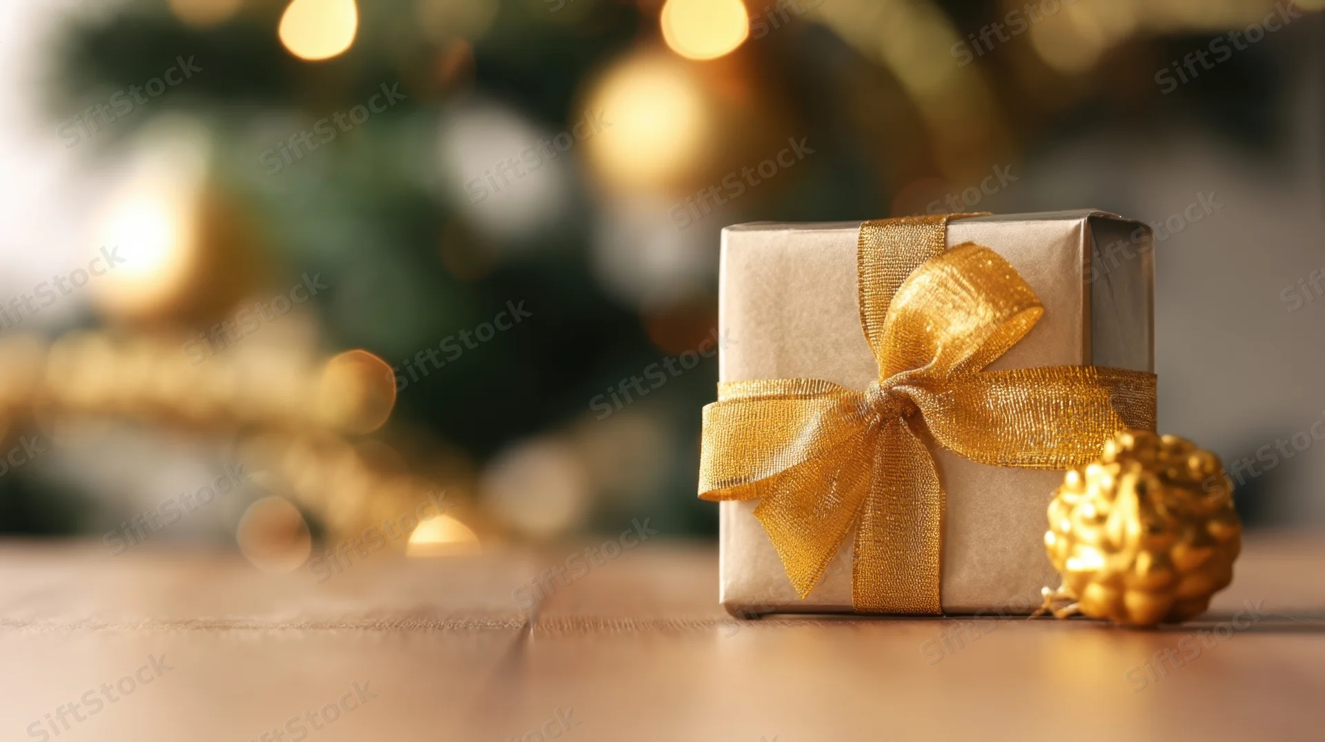 Wrapped gift with gold ribbon and pinecone on wooden table near christmas tree with blurred lights