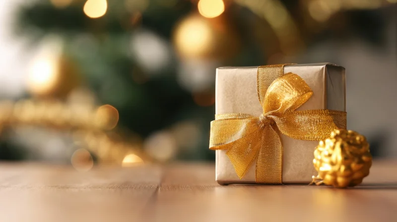 Wrapped gift with gold ribbon and pinecone on wooden table near christmas tree with blurred lights