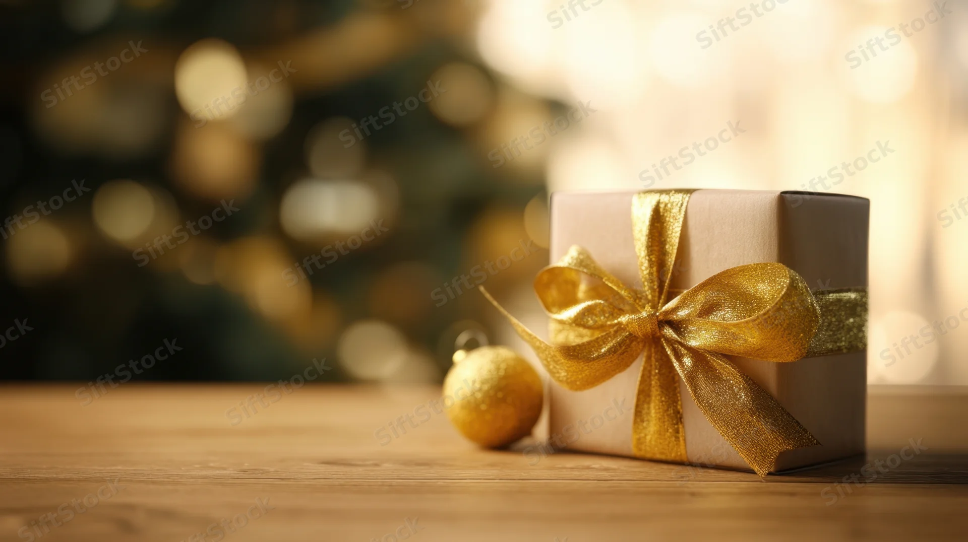 Gift box with gold ribbon and ornament on wooden table near christmas tree