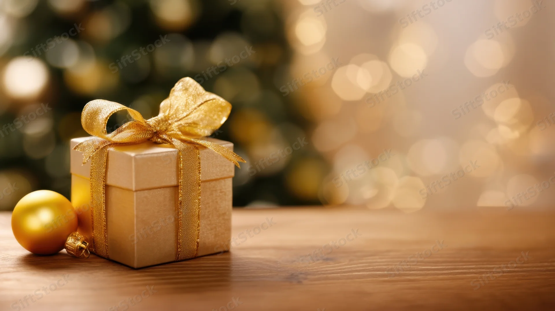Gold-wrapped gift box with ribbon and ornament on wooden table near christmas tree with bokeh lights