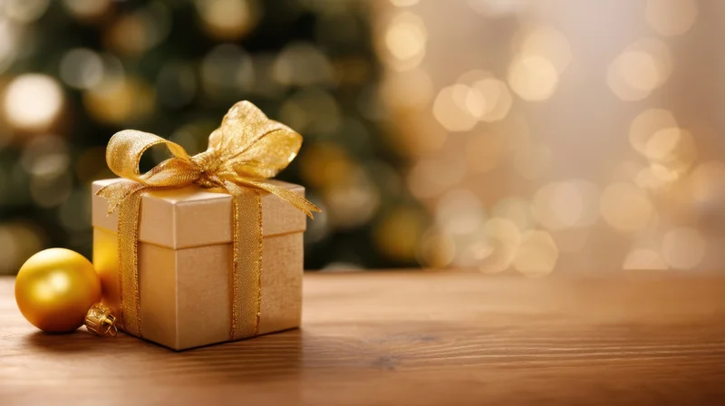 Gold-wrapped gift box with ribbon and ornament on wooden table near christmas tree with bokeh lights