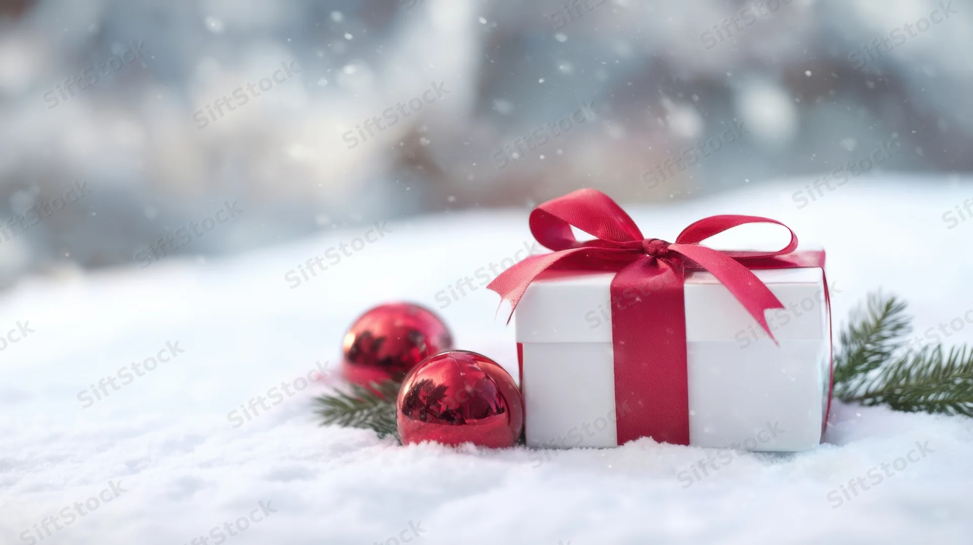 White gift box with red ribbon and red ornaments on snowy ground beside pine branches