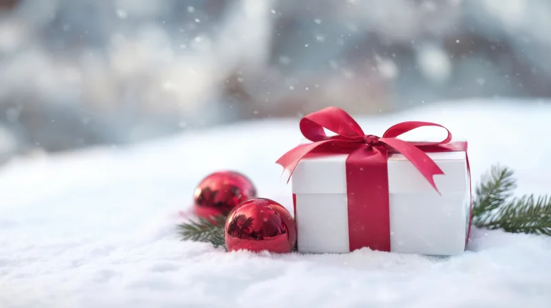 Gift Box with Red Ribbon on Snowy Surface with Christmas Baubles and Pine