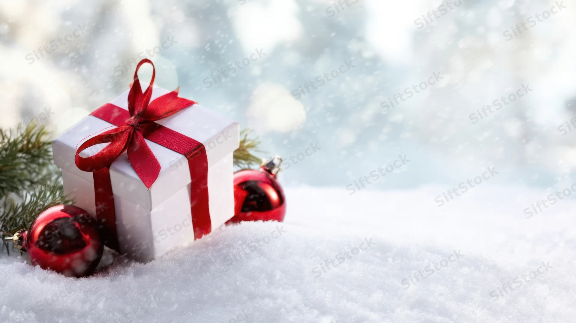 White gift box with red ribbon and red ornaments in snow near pine branches