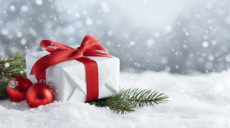 Wrapped gift with red ribbon and ornaments resting on snow near pine branches