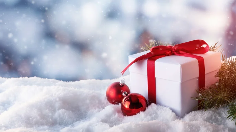 White gift box with red ribbon and ornaments resting in snow near pine branches