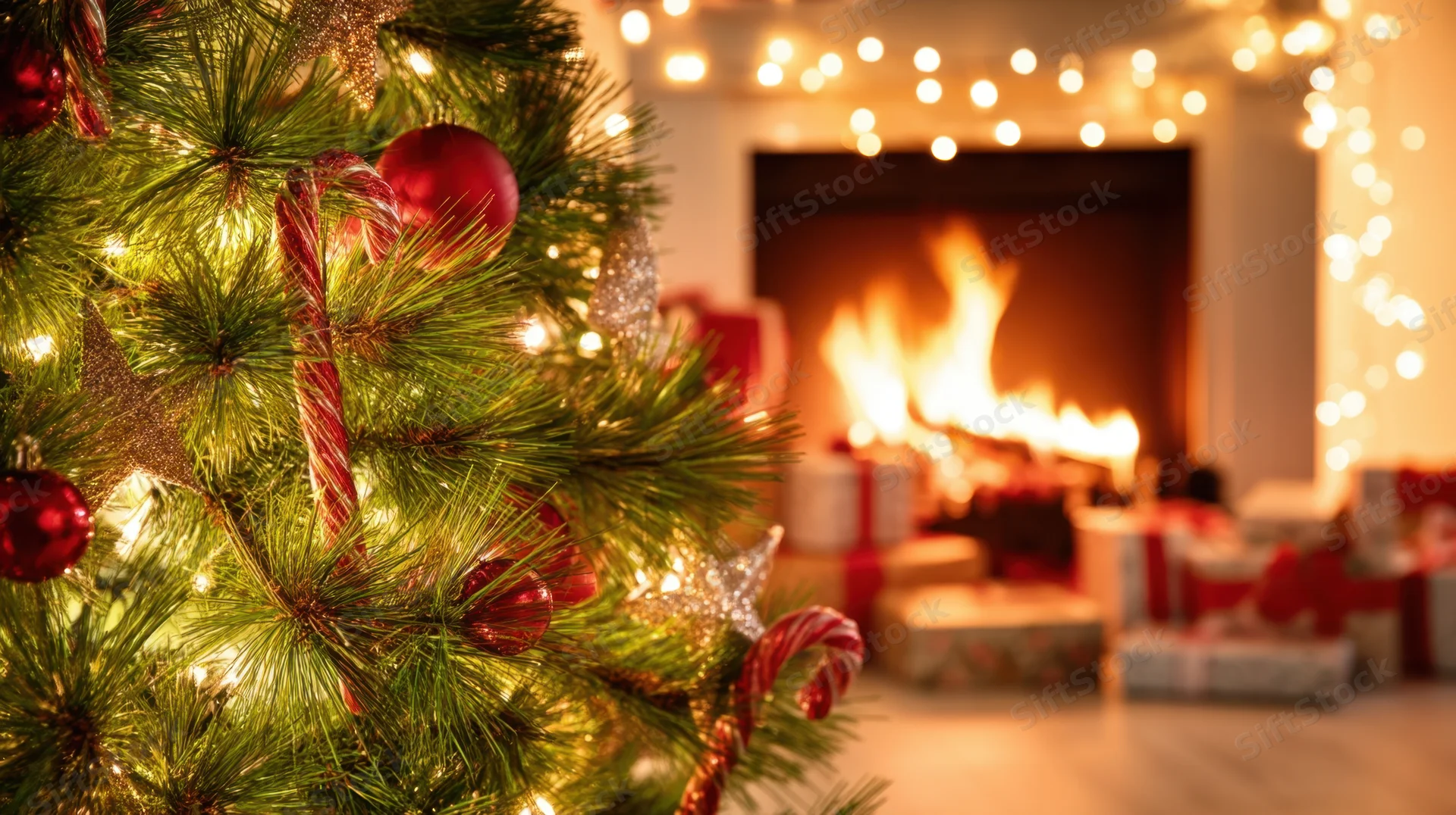 Christmas tree decorated with ornaments and lights near a fireplace with gifts around it