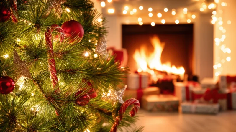 Christmas tree decorated with ornaments and lights near a fireplace with gifts around it