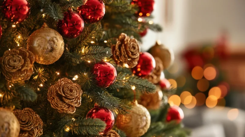 Close-up of a decorated christmas tree with red and gold ornaments and warm lights in a living room