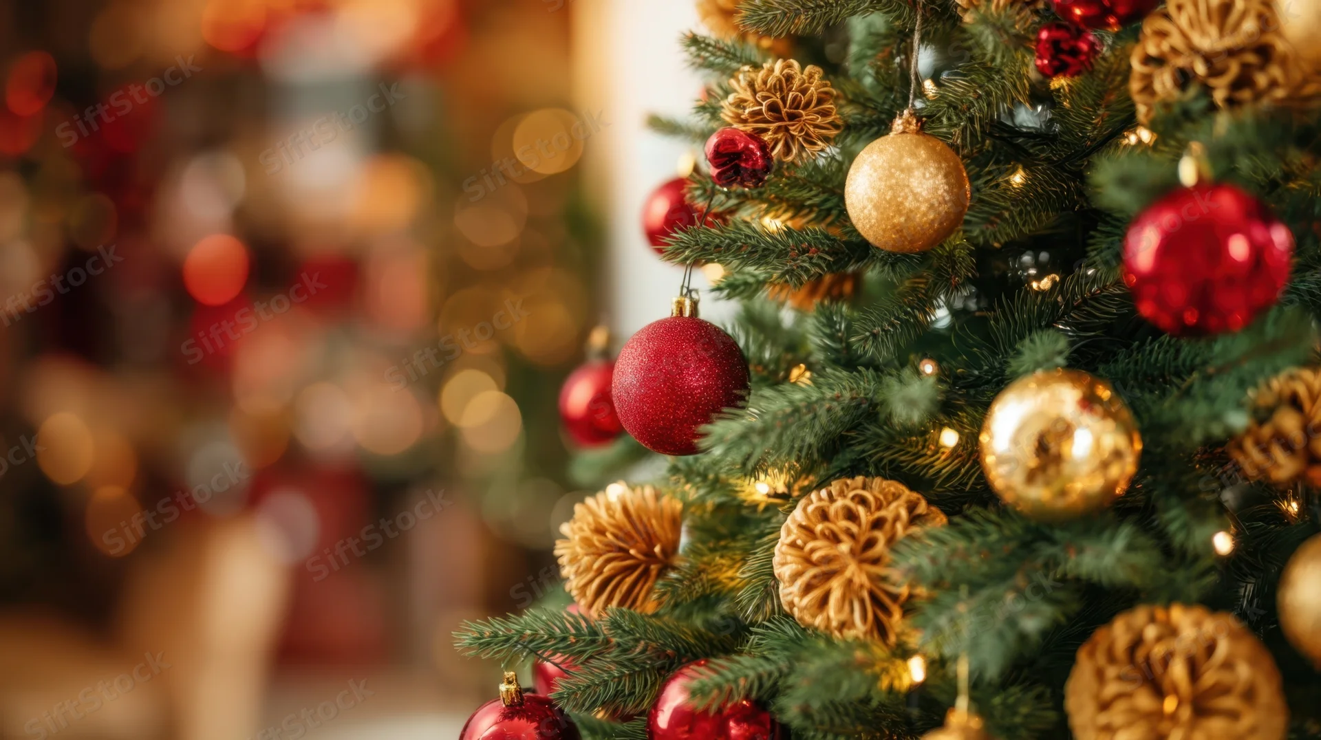 Close-up of a decorated christmas tree with red and gold ornaments and warm lights in a cozy home setting