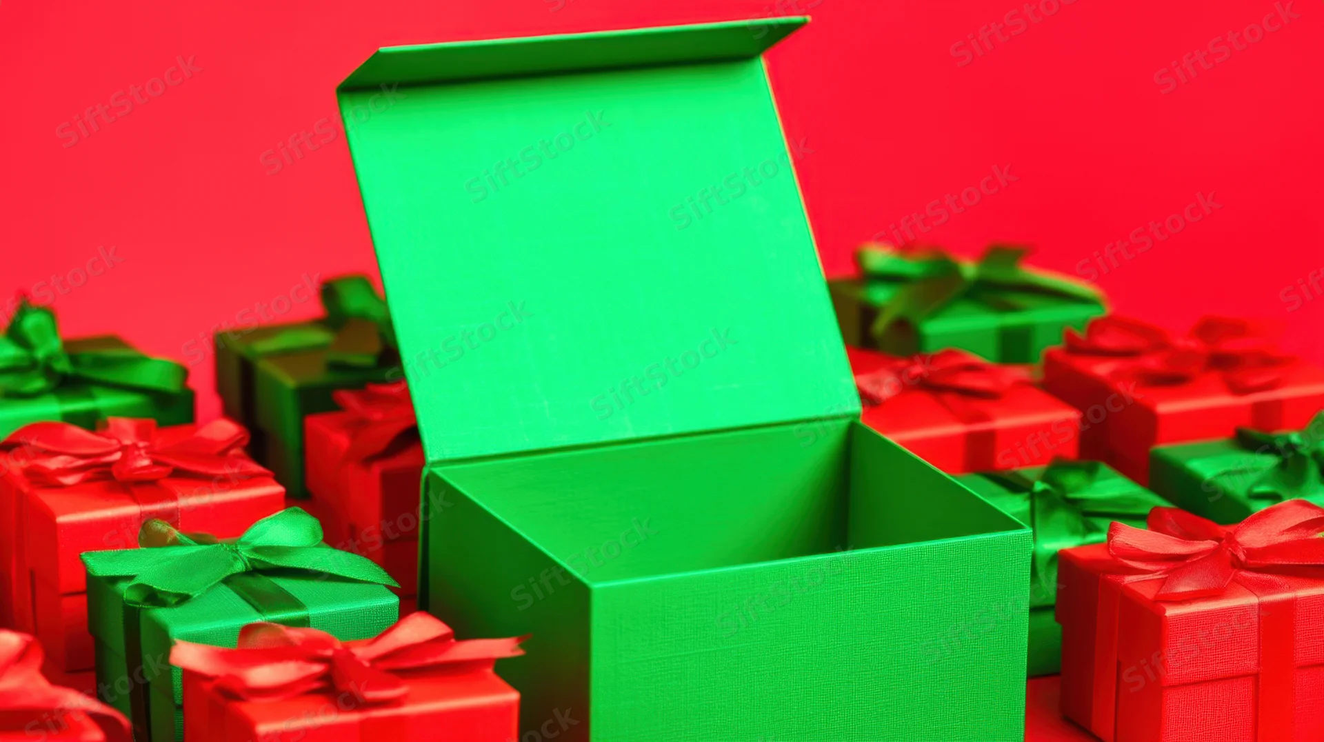 Open green gift box surrounded by red and green wrapped presents on red background
