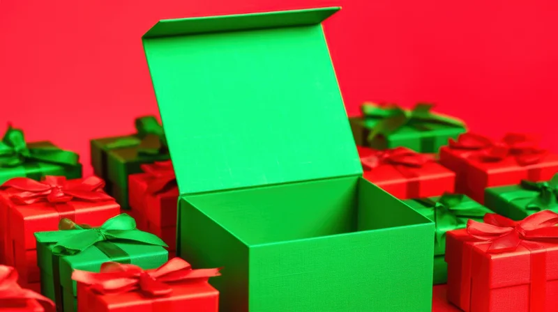 Open green gift box surrounded by red and green wrapped presents on red background