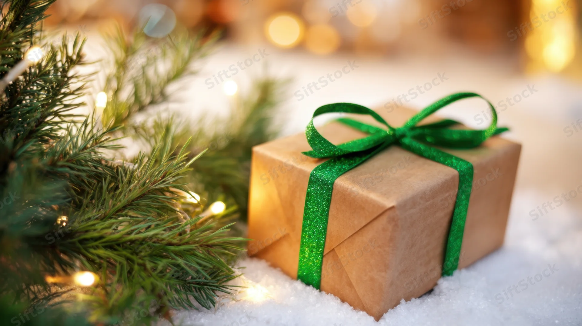 Wrapped gift with green ribbon beside pine branches and fairy lights on snowy surface