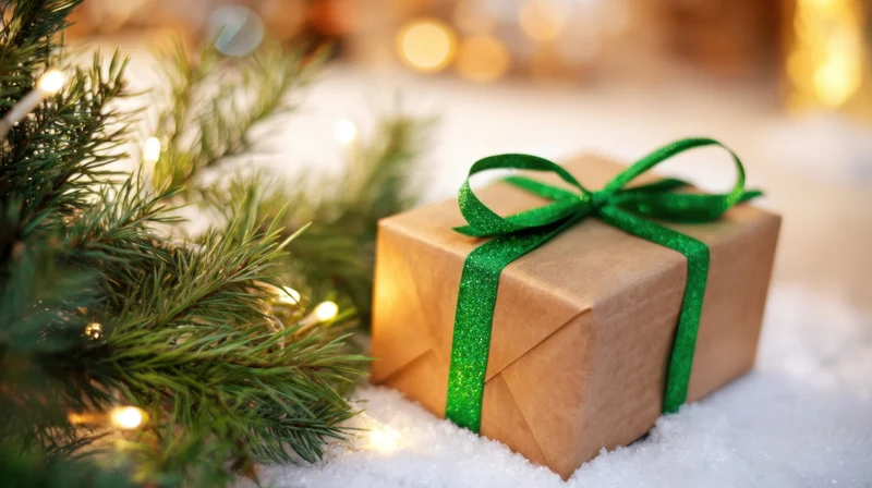 Wrapped gift with green ribbon beside pine branches and fairy lights on snowy surface