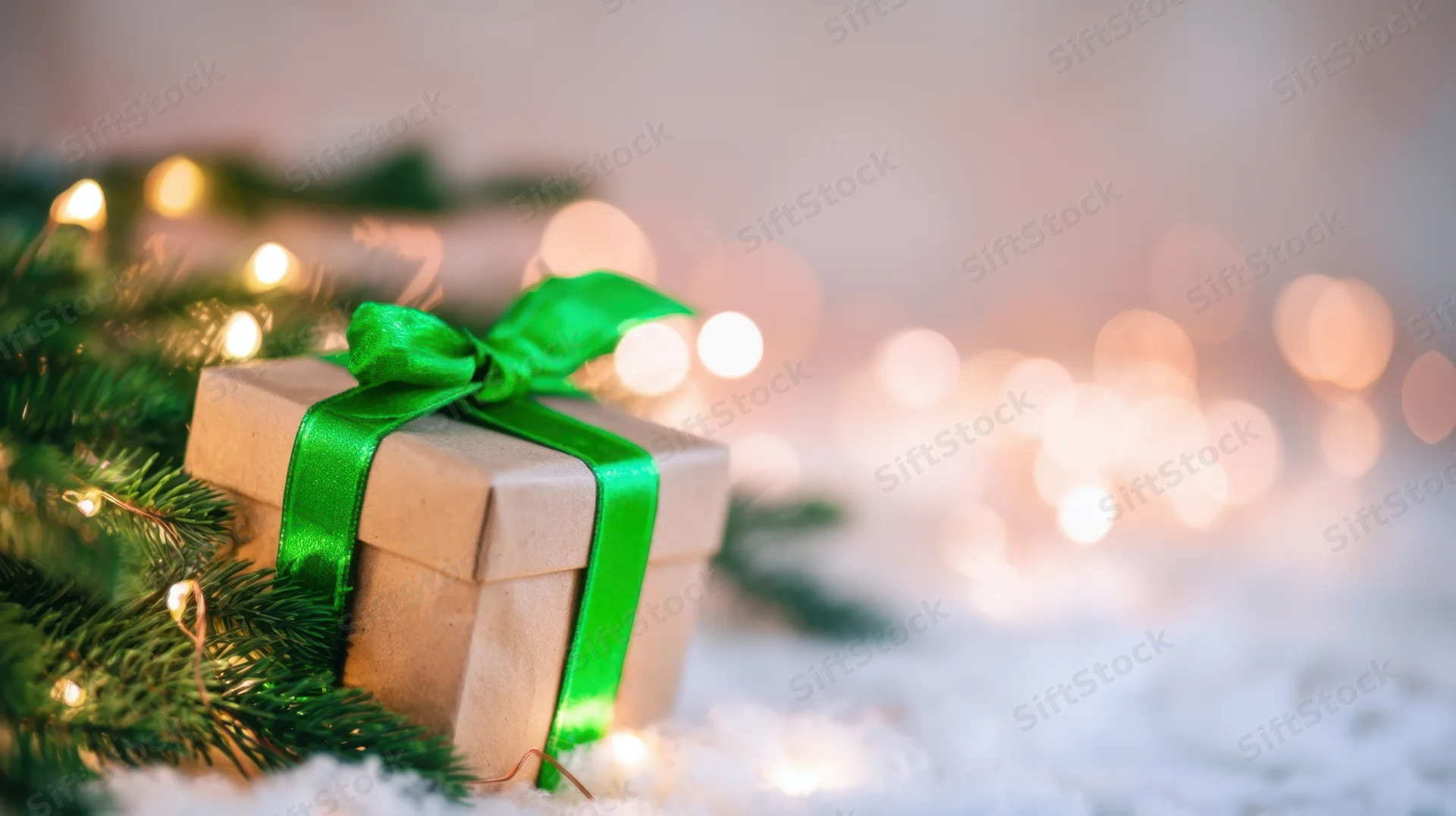 Gift box wrapped in brown paper with green ribbon resting on snowy surface beside pine branches and glowing lights