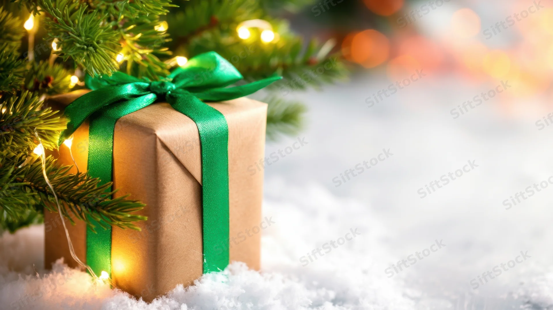 Gift wrapped in brown paper with green ribbon under lit christmas tree branch in snow