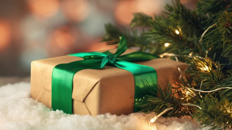 Wrapped gift with green ribbon beside pine branches and string lights in snow