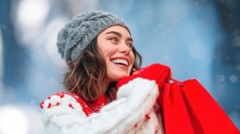 Woman smiling while holding red shopping bags in snowy winter outdoors