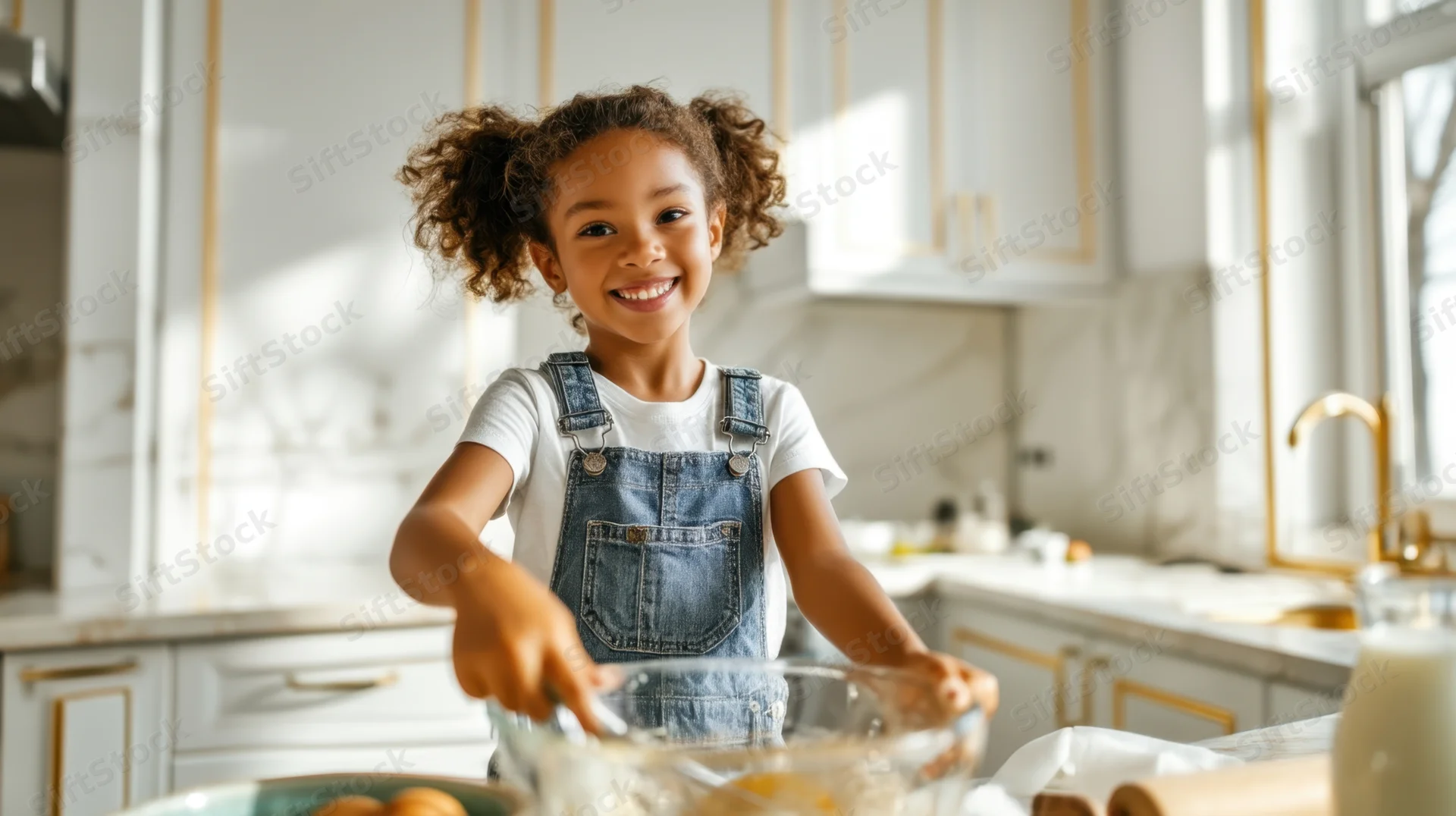 Young girl smiling while mixing ingredients in a bright kitchen