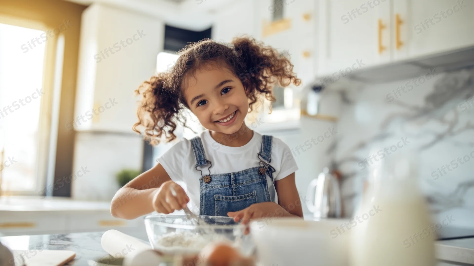 Girl smiling while mixing dough in a kitchen