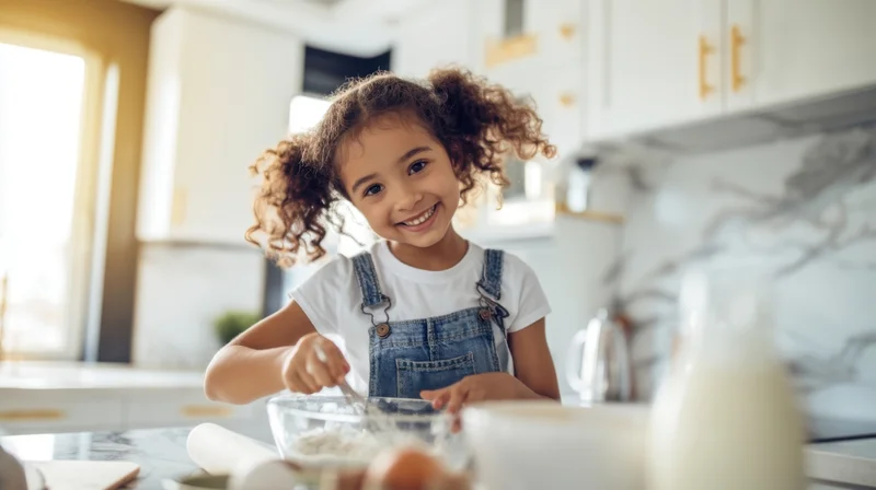 Girl smiling while mixing dough in a kitchen