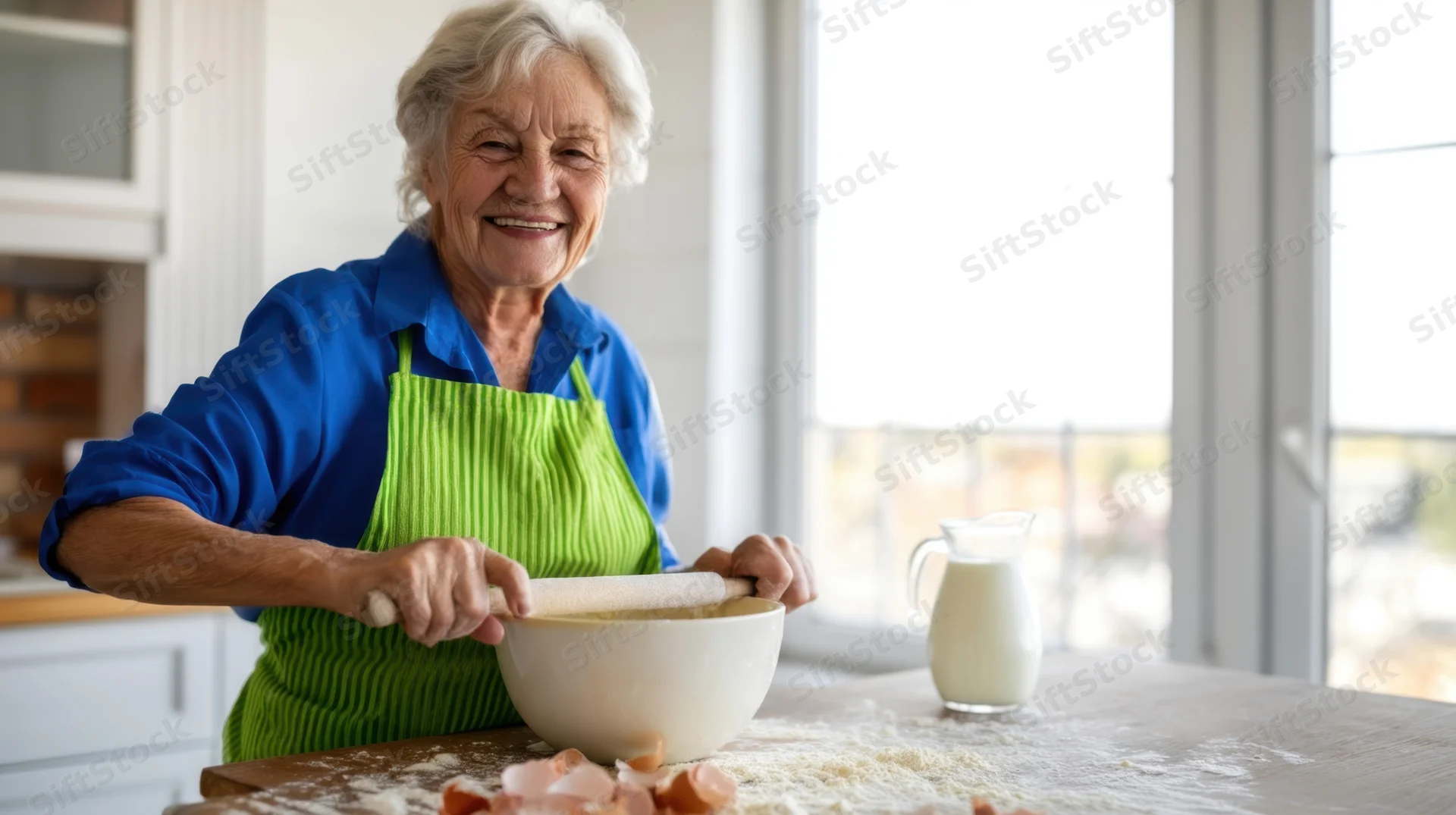 Senior woman smiling while rolling dough in a kitchen with flour and milk on the counter