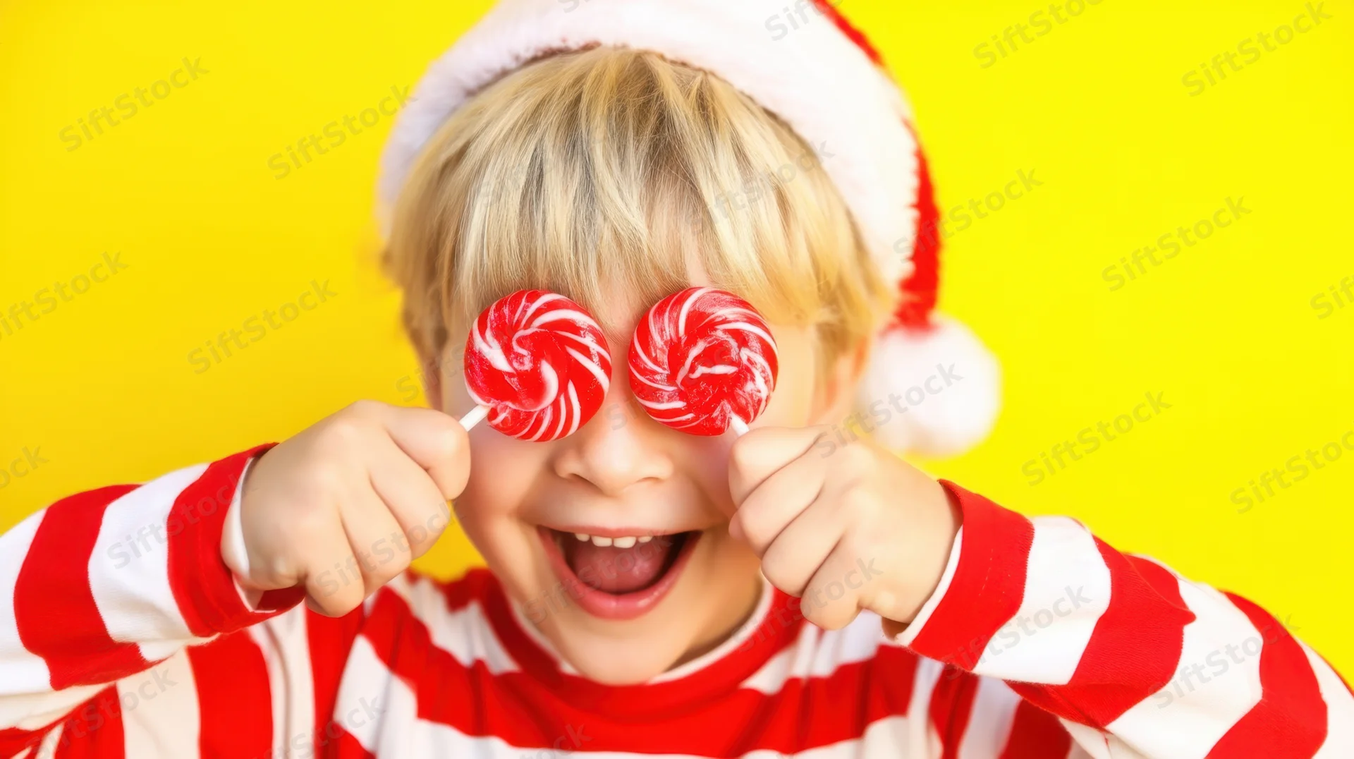 Child in santa hat holding lollipops over eyes, smiling, in red and white striped sweater against yellow background
