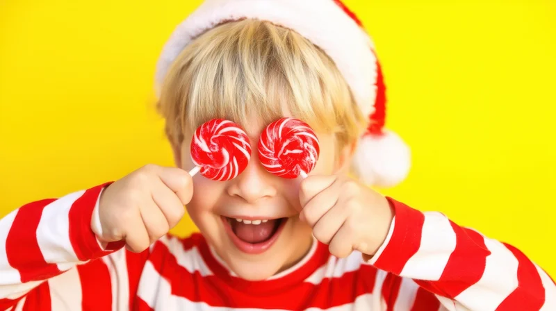 Child in santa hat holding lollipops over eyes, smiling, in red and white striped sweater against yellow background