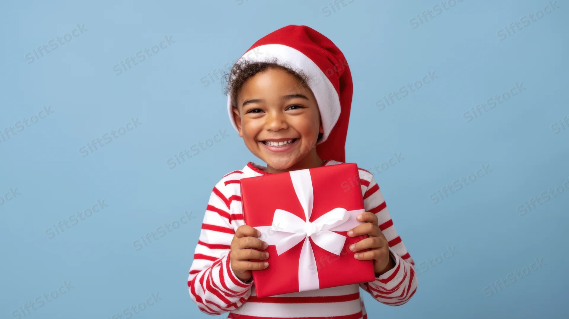 Child in santa hat holding red gift box against blue background