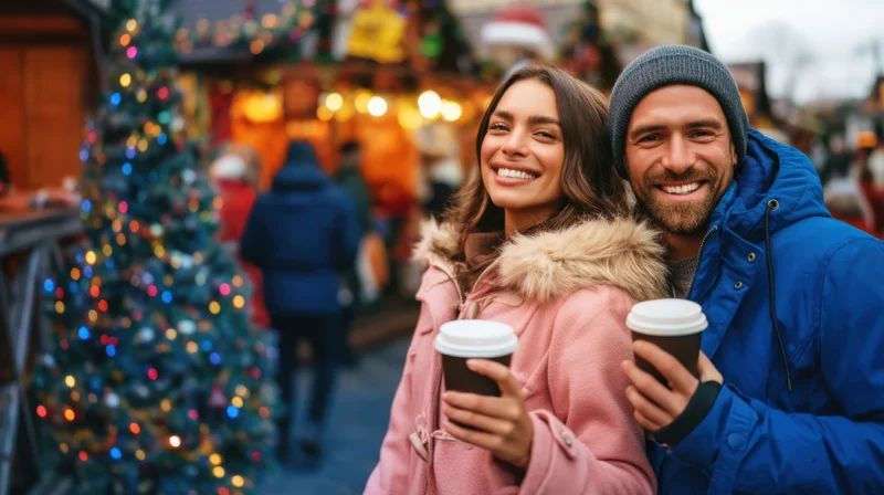 Smiling couple holding coffee cups at a christmas market outdoors