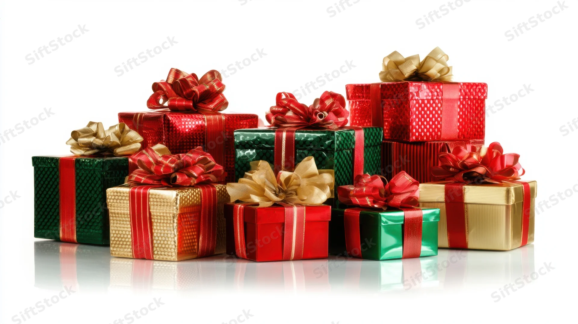 Collection of wrapped gifts in red, green, and gold with ribbons and bows on white background